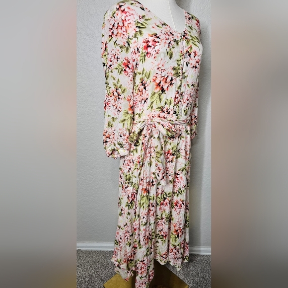 J. Jill Ivory Floral Pebble Hydrangea Garden 3/4 Sleeve V-Neck L Midi Dress - Picture 6 of 8